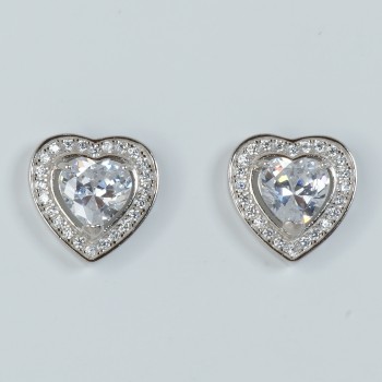 Sterling Silver/CZ Large Heart Stud Earrings